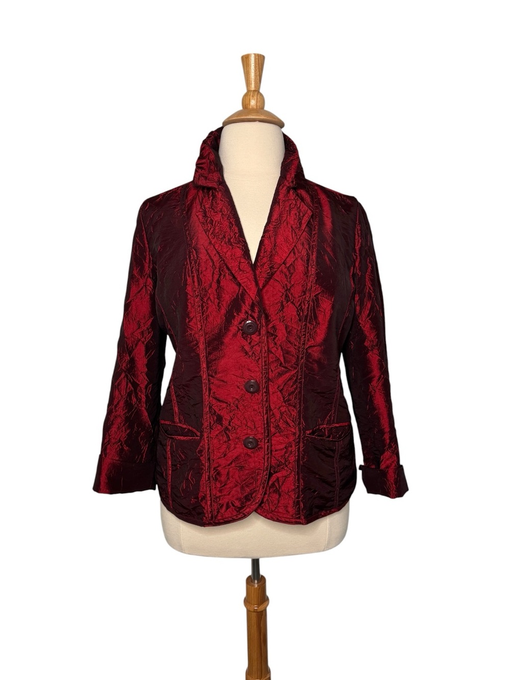 Chico’s Burgundy Metallic Crinkle-Texture Blazer Rich Wine-Red Hue Size 2/12